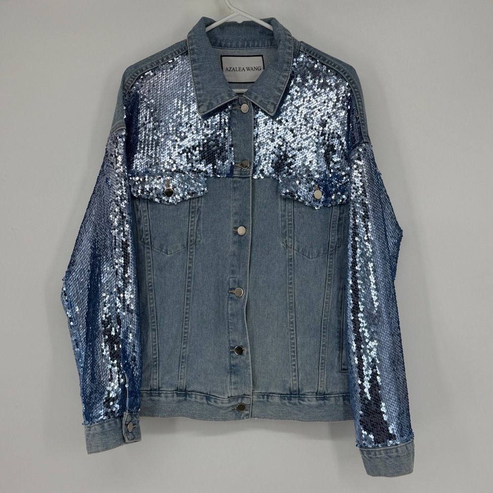 Azalea‎ Wang Denim Jacket Sequin Panel Oversized Blue Sparkle Statement Size L